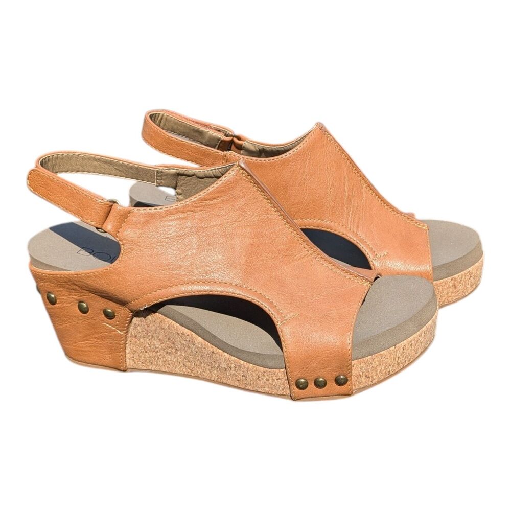 Corky's Carley Wedge Sandals Women's Size 8 Brown Faux Leather Studded Slingback